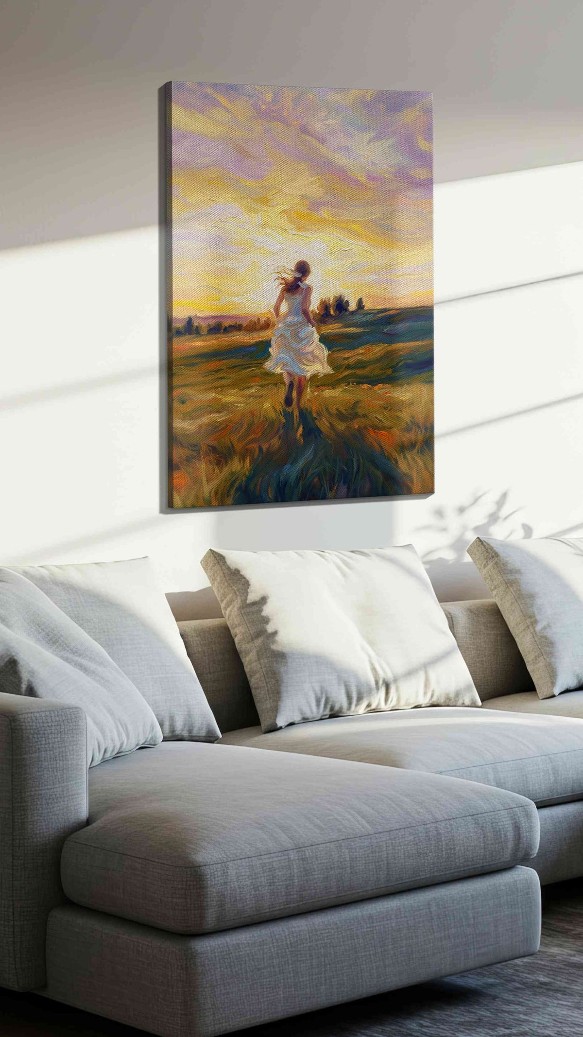 Chasing the Golden Horizon landscape canvas print, displayed in a living room
