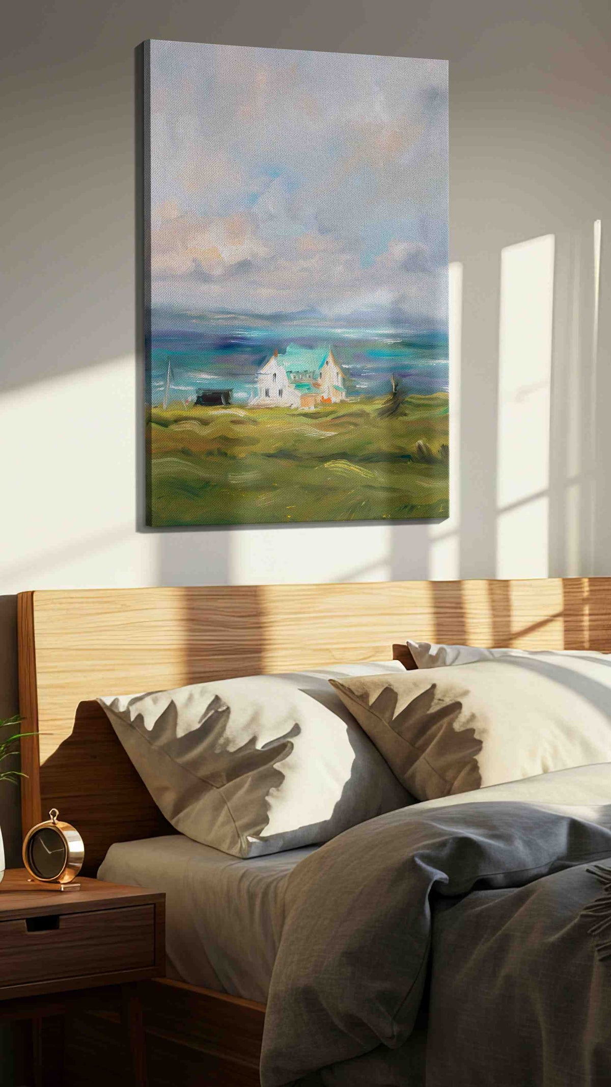 Coastal Serenity Symphony landscape canvas print, displayed in a bedroom
