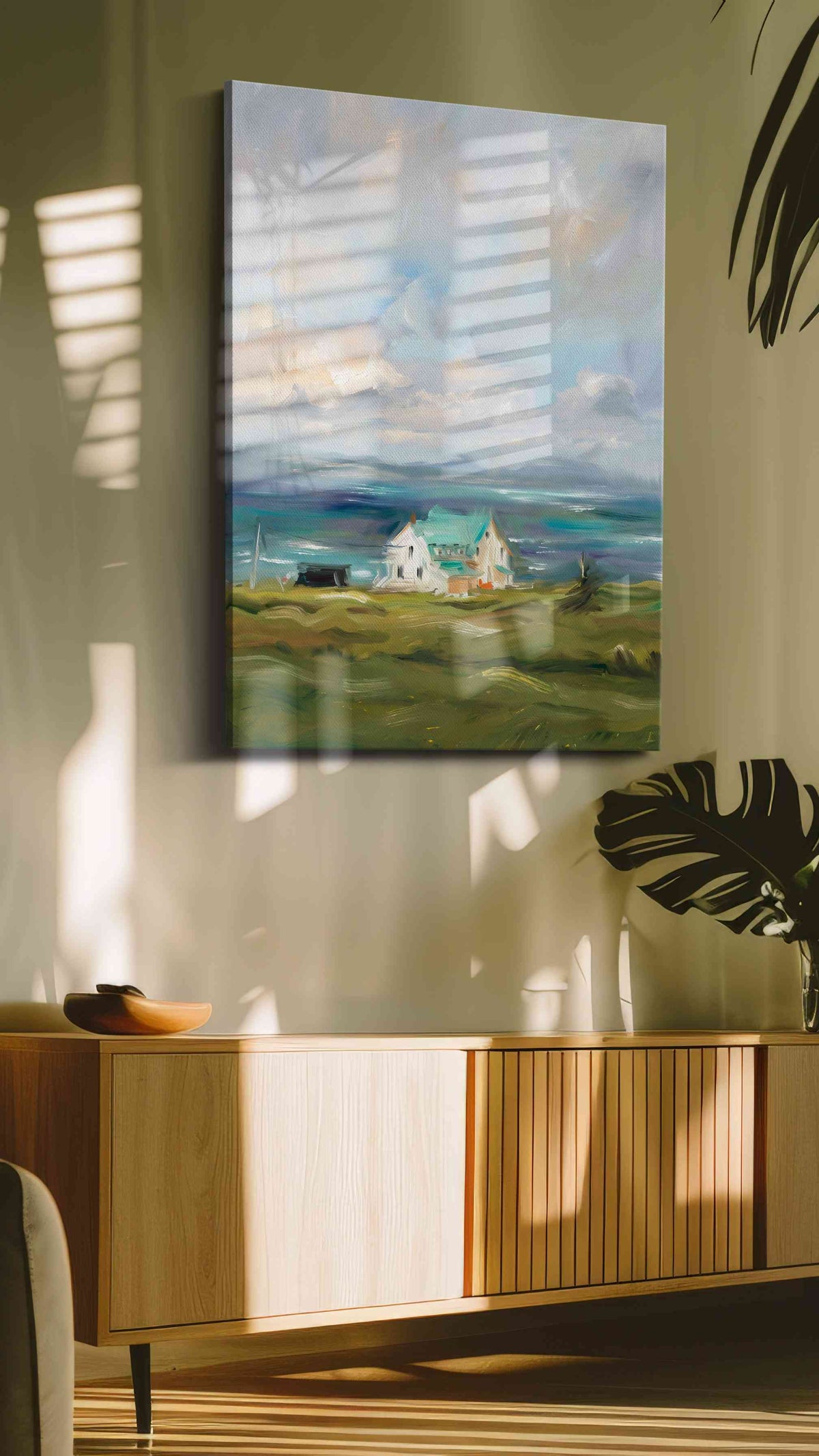 Coastal Serenity Symphony landscape canvas print in a hung canvas mockup