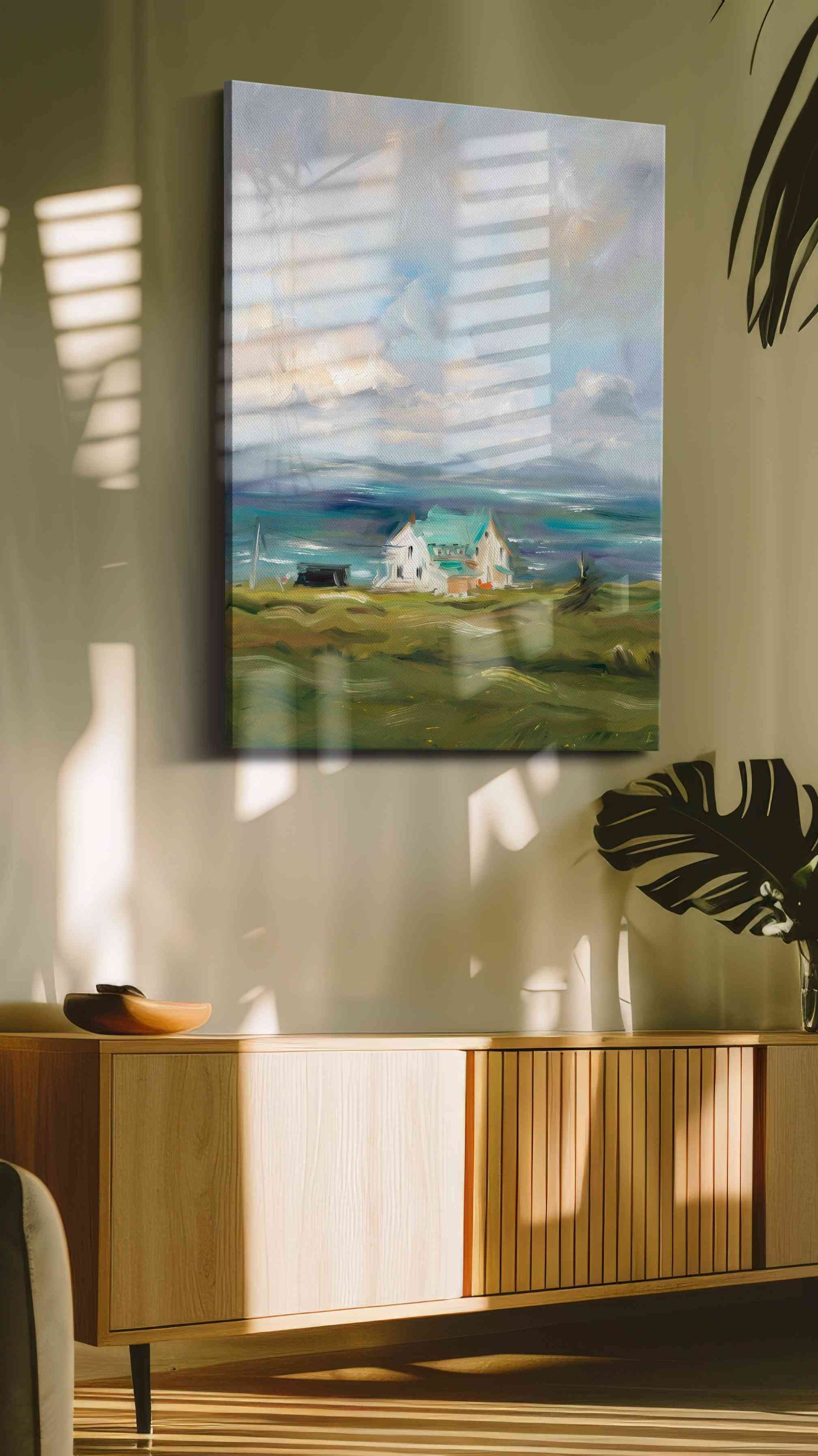 Coastal Serenity Symphony landscape canvas print in a hung canvas mockup