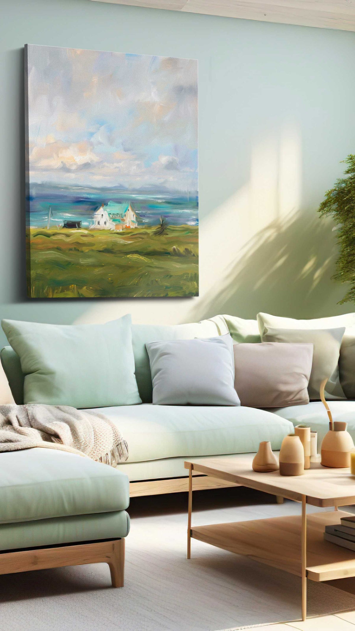 Coastal Serenity Symphony landscape canvas print, hanging on wall