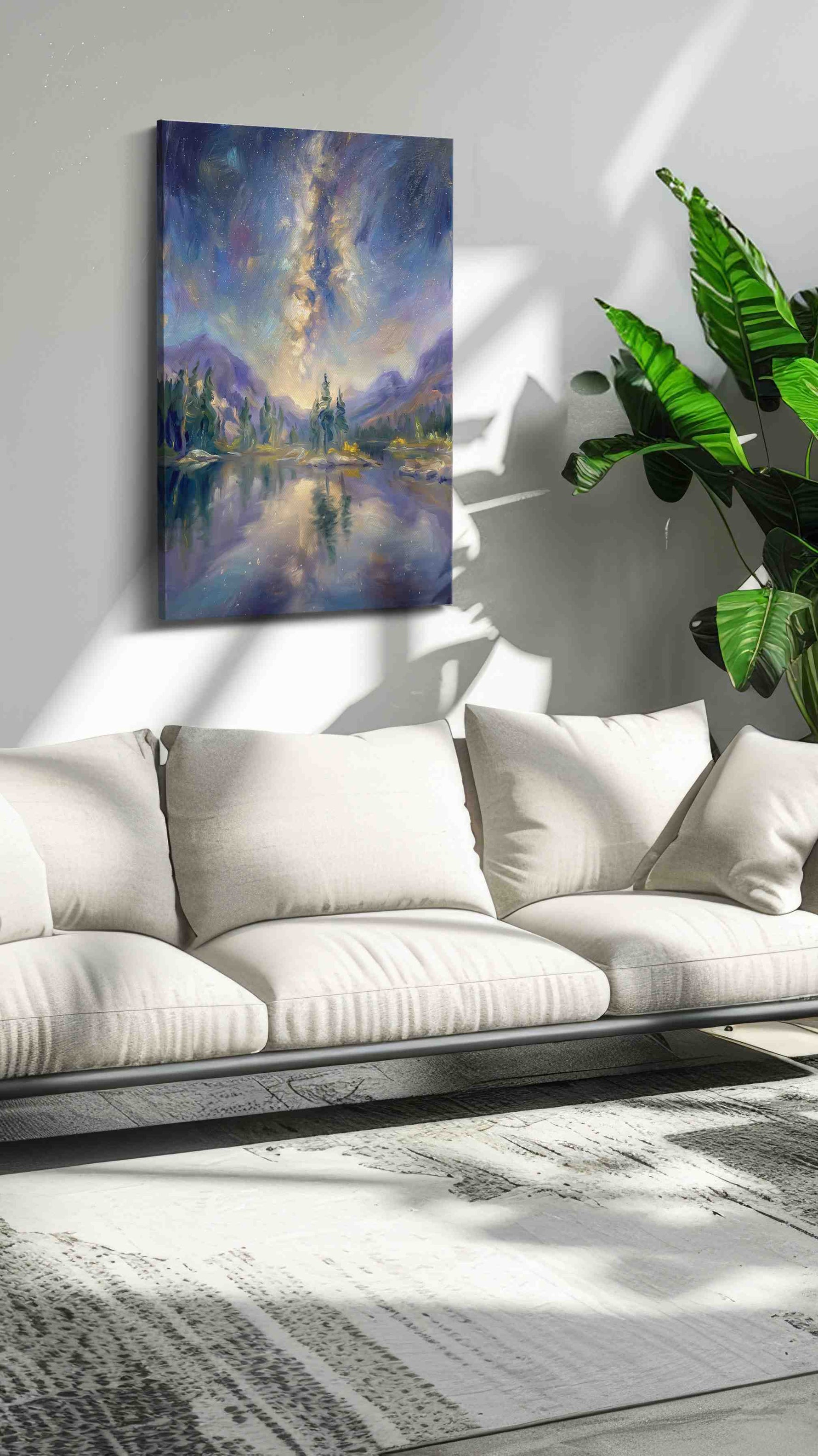 Cosmic Reflections Over Tranquil Waters landscape canvas print, hanging on wall