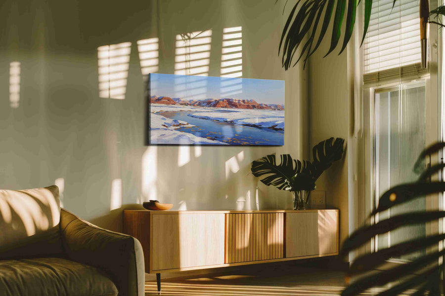Crimson Peaks of Winter's Embrace winter canvas print, displayed in a living room