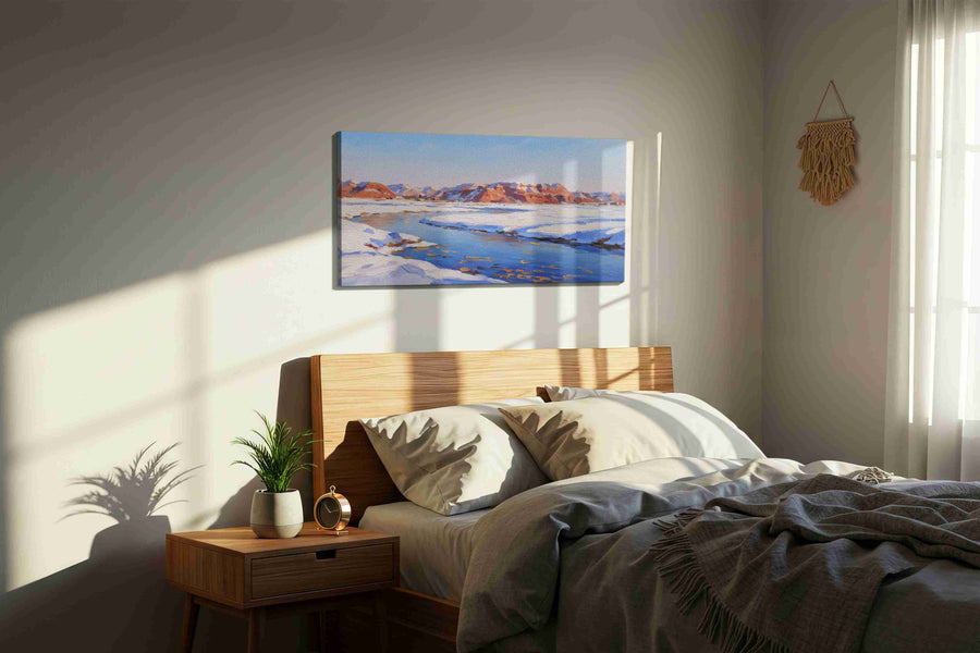 Crimson Peaks of Winter's Embrace winter canvas print, displayed in a bedroom