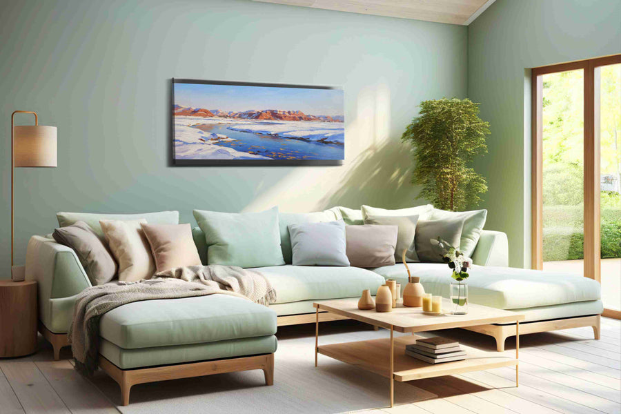 Crimson Peaks of Winter's Embrace winter canvas print, hanging on wall