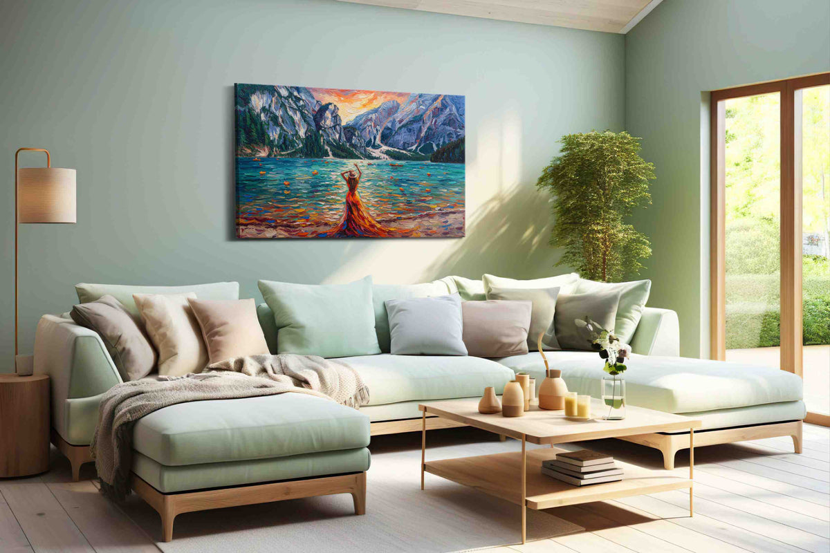 Dance of Colors by the Lake landscape canvas print shown in a wall scene