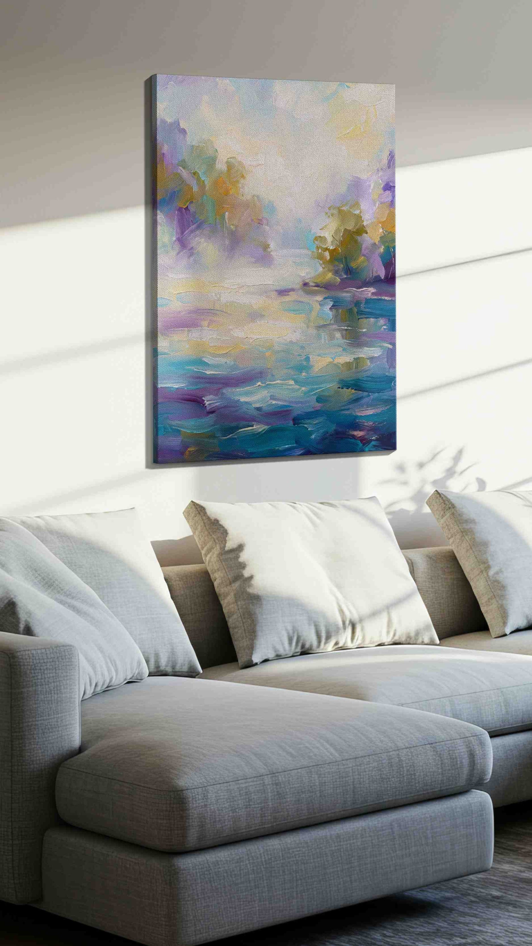 Dreams of a Misty Morning landscape canvas print, displayed in a living room