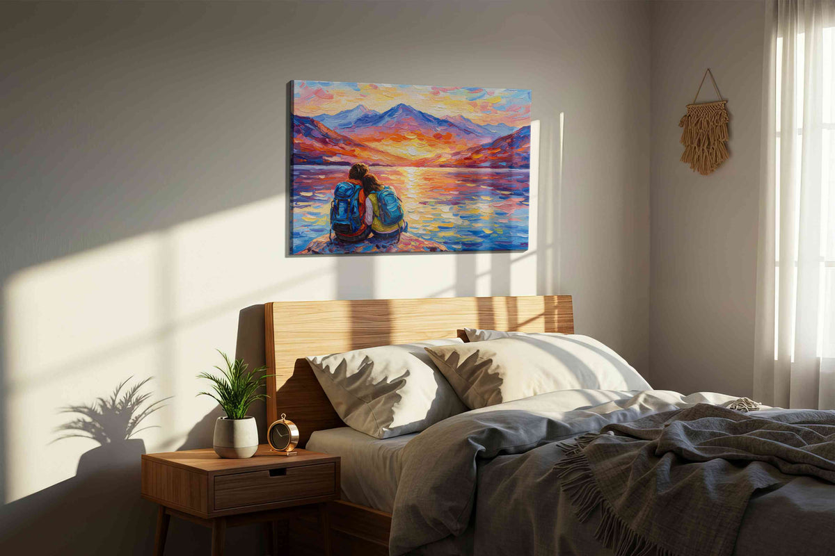 Embrace at Sunset Shores romance canvas print, displayed in a bedroom
