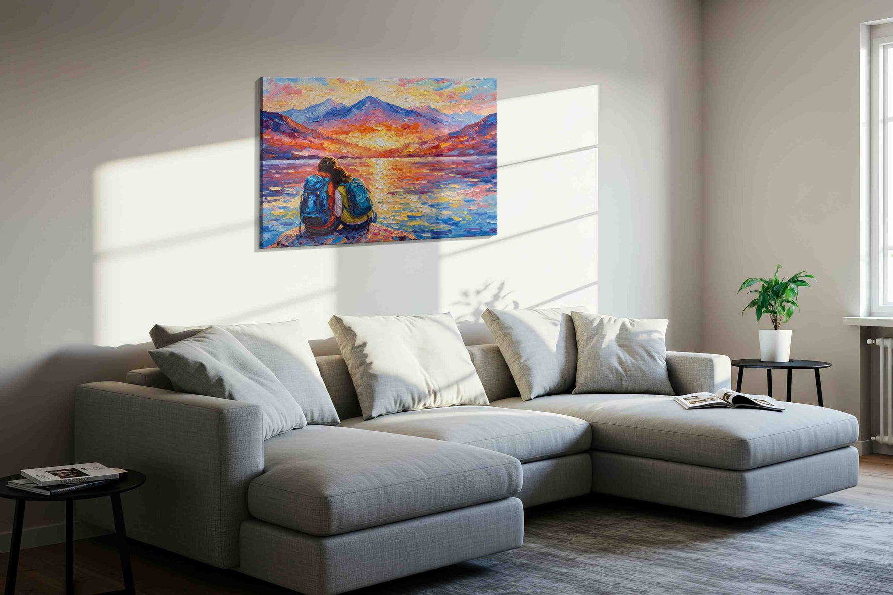Embrace at Sunset Shores romance canvas print in a living room scene