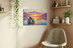 Embrace at Sunset Shores romance canvas print, displayed in a living room