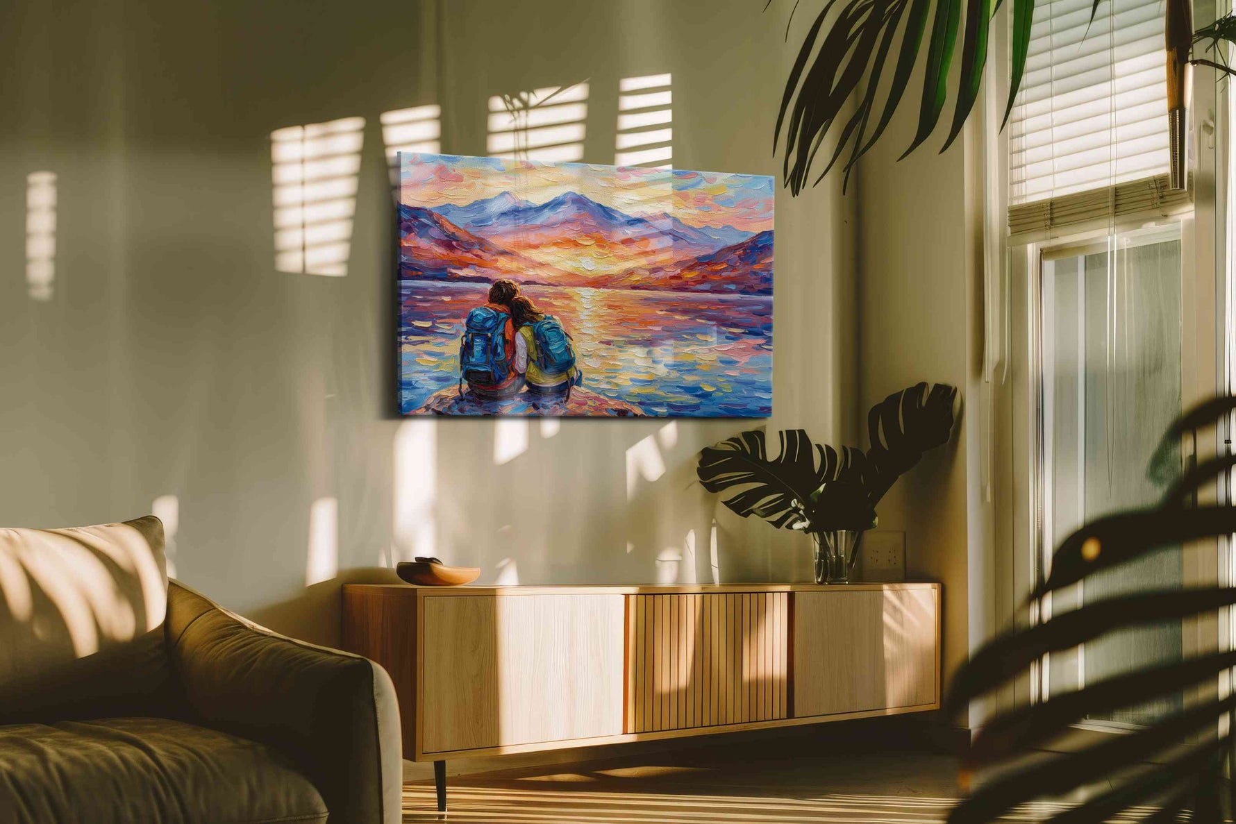 Embrace at Sunset Shores – romance canvas wall art, gallery-wrapped, ready to hang