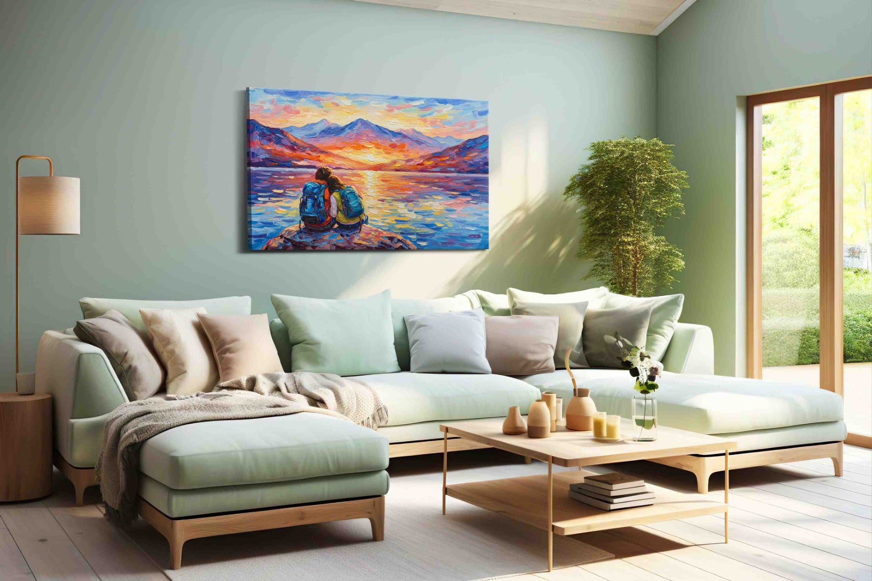 Embrace at Sunset Shores romance canvas print, hanging on wall