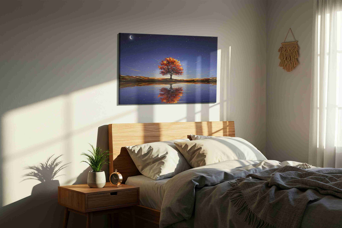 Eternal Autumn Reflections landscape canvas print, displayed in a bedroom