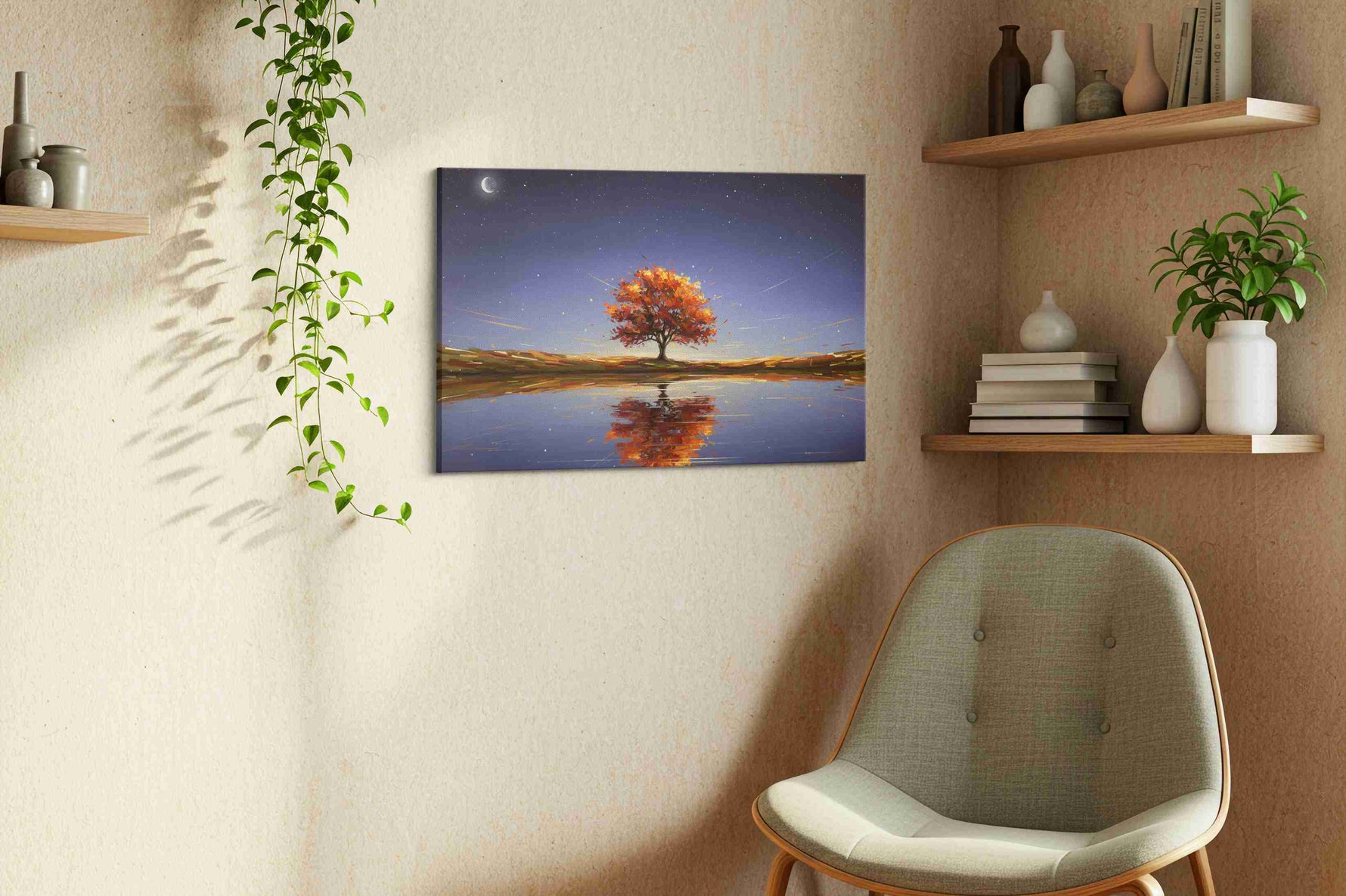 Eternal Autumn Reflections landscape canvas print, displayed in a living room
