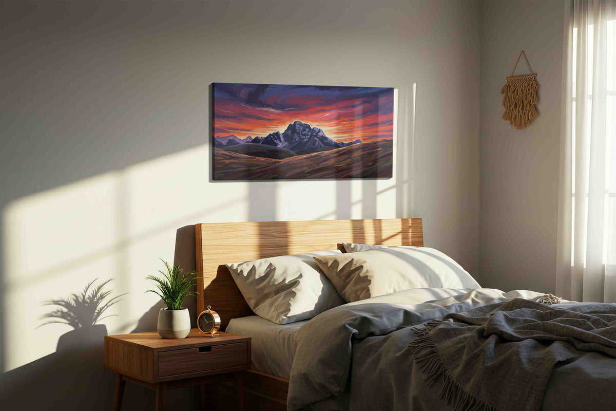 Eternal Twilight Peaks mountain canvas print, displayed in a bedroom