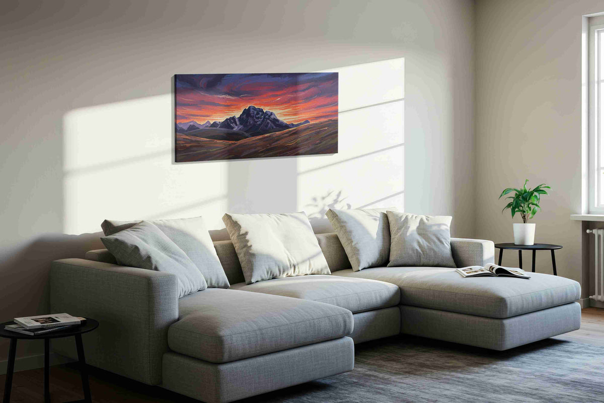 Eternal Twilight Peaks mountain canvas print, displayed in a living room