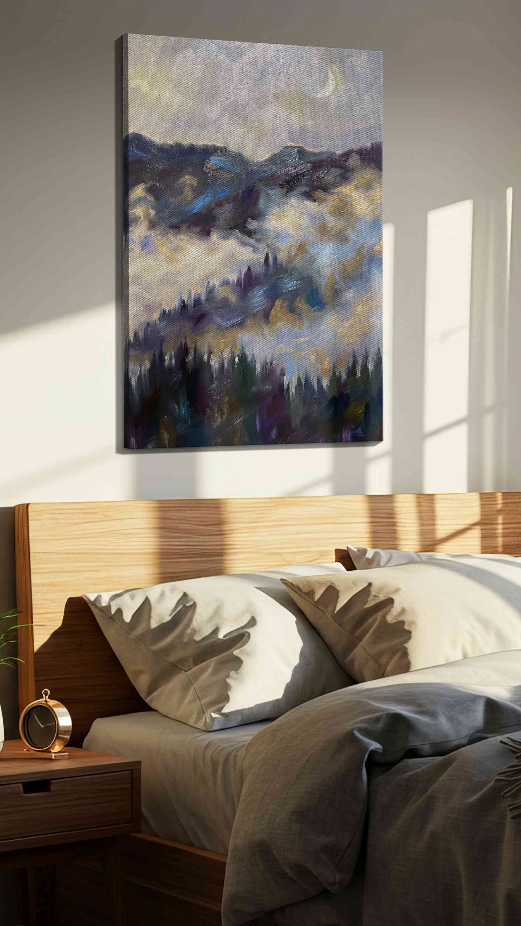 Ethereal Mountain Mist landscape canvas print, displayed in a bedroom