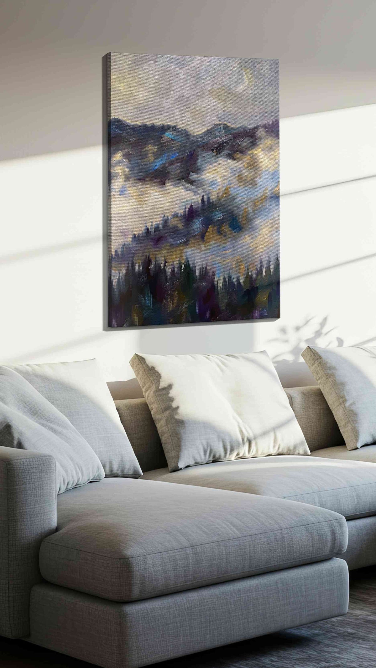 Ethereal Mountain Mist landscape canvas print, displayed in a living room