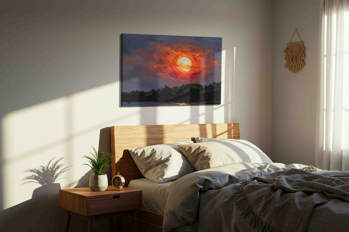 Ethereal Twilight Glow landscape canvas print, displayed in a bedroom