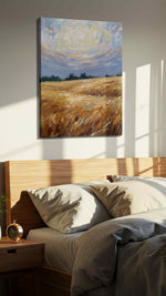 Golden Harvest Whispers landscape canvas print, displayed in a bedroom