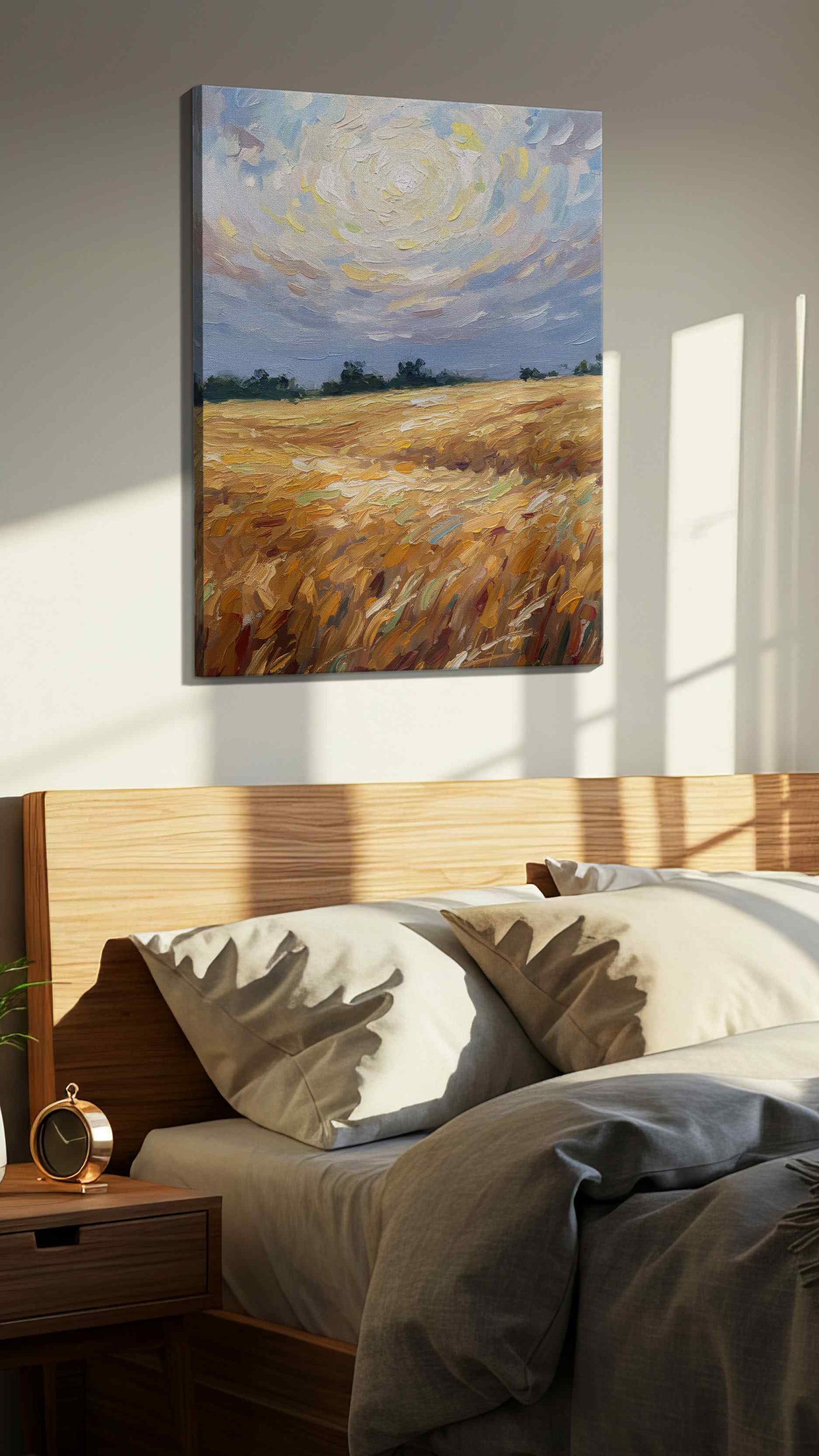 Golden Harvest Whispers landscape canvas print, displayed in a bedroom