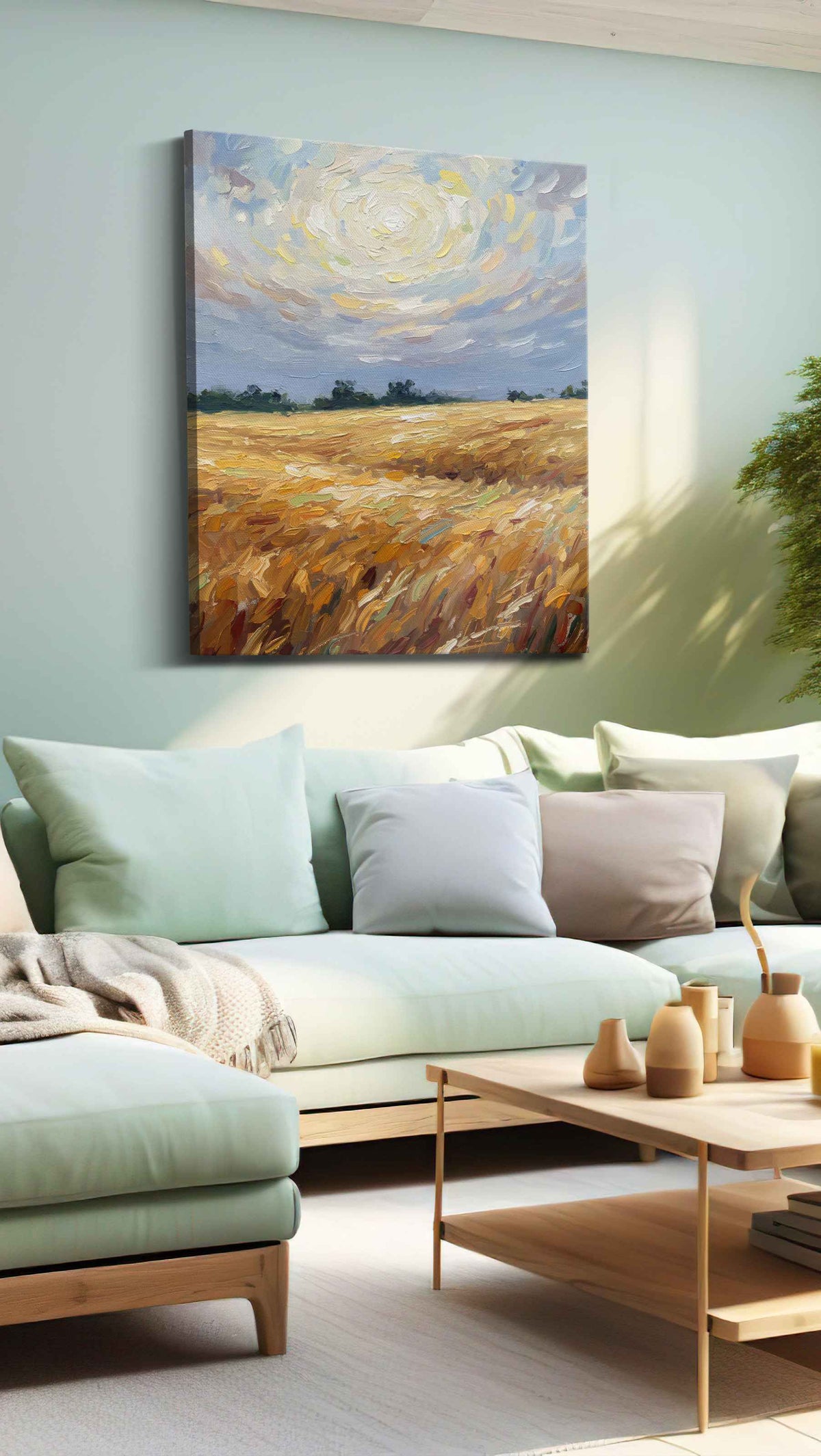 Golden Harvest Whispers landscape canvas print, hanging on wall