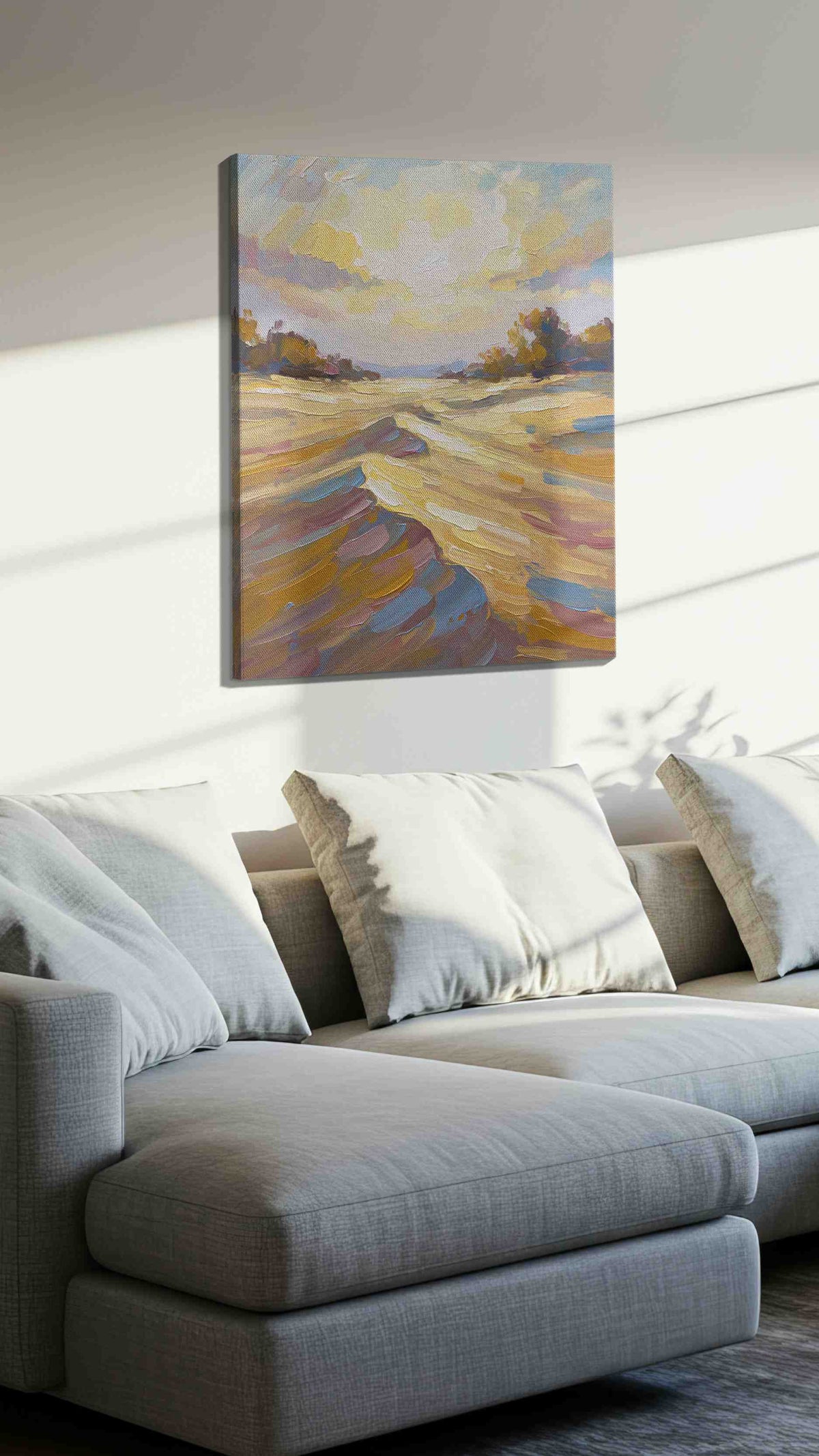 Golden Horizon Symphony landscape canvas print, displayed in a living room