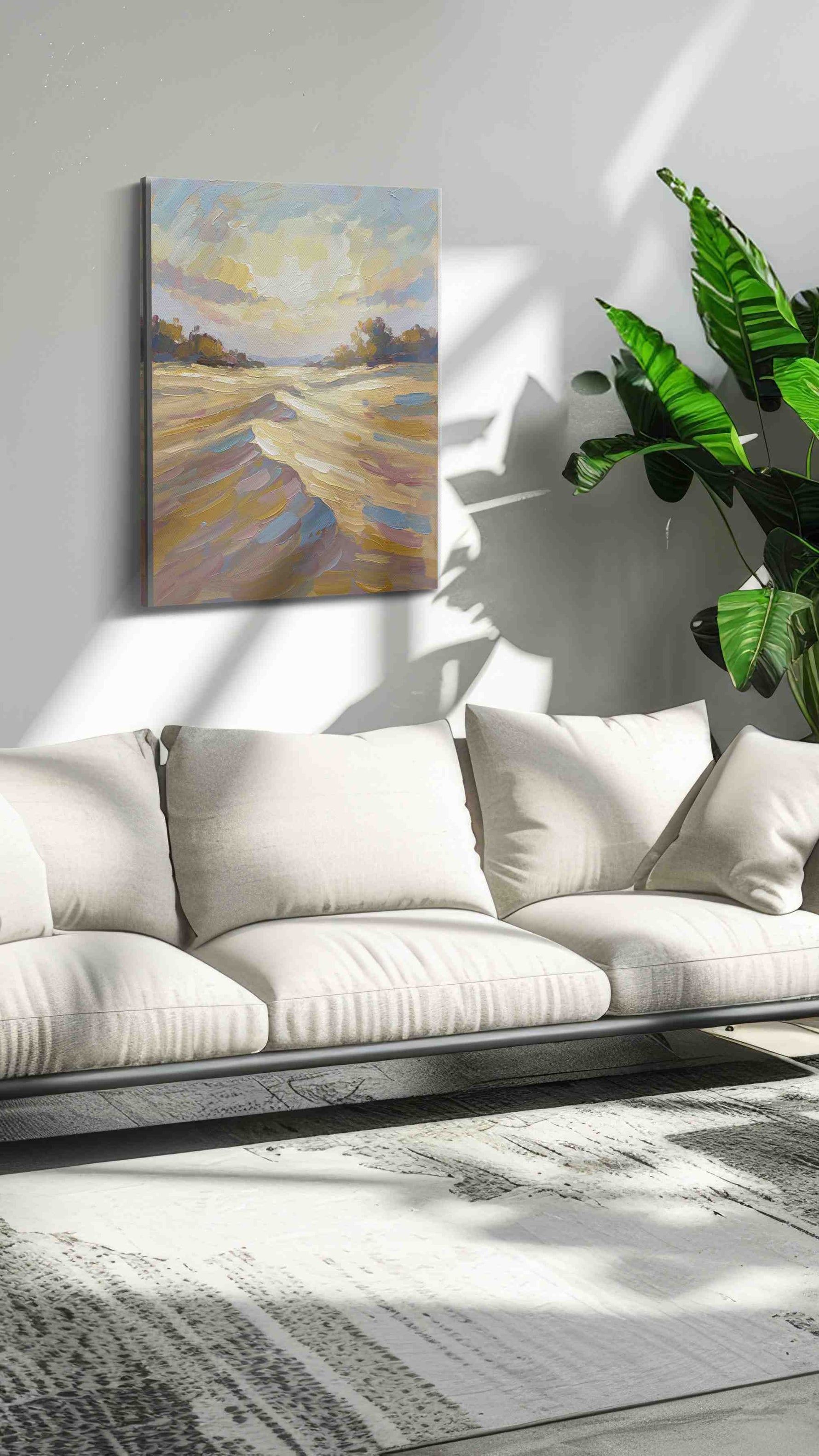 Golden Horizon Symphony landscape canvas print in a modern interior mockup