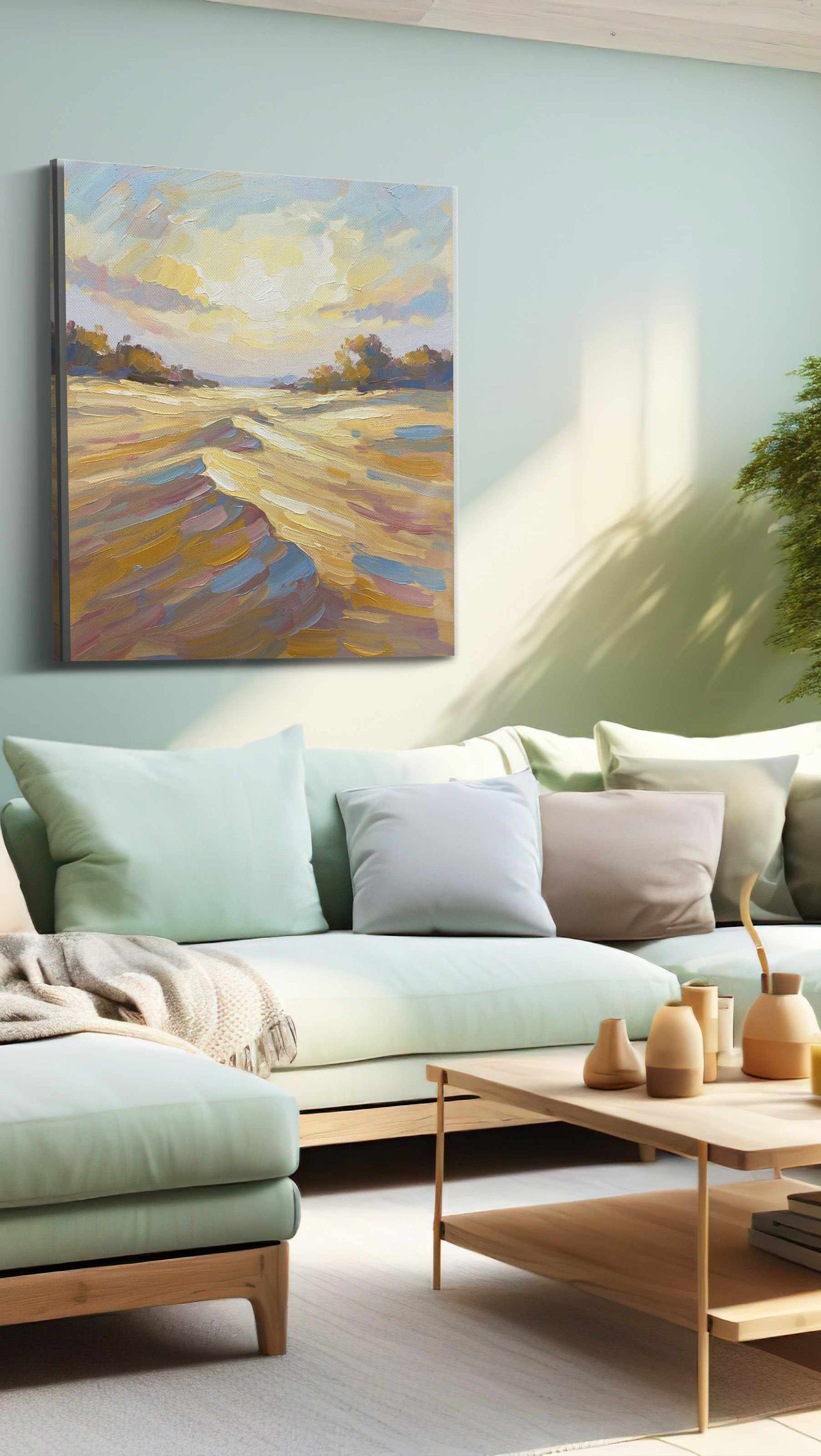 Golden Horizon Symphony landscape canvas print, hanging on wall