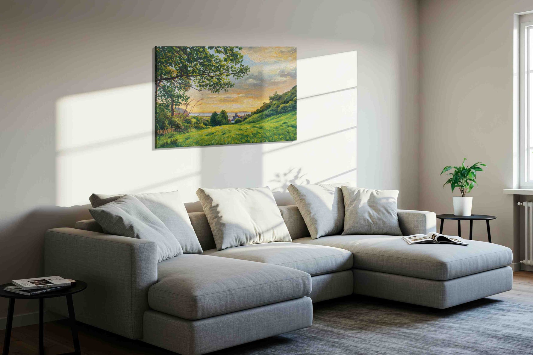 Golden Serenity at Dusk landscape canvas print in a living room scene
