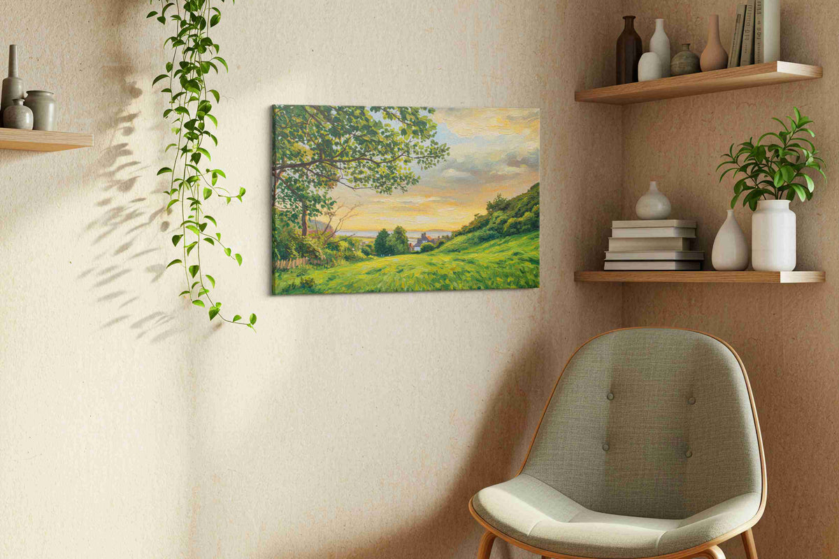 Golden Serenity at Dusk landscape canvas print, displayed in a living room