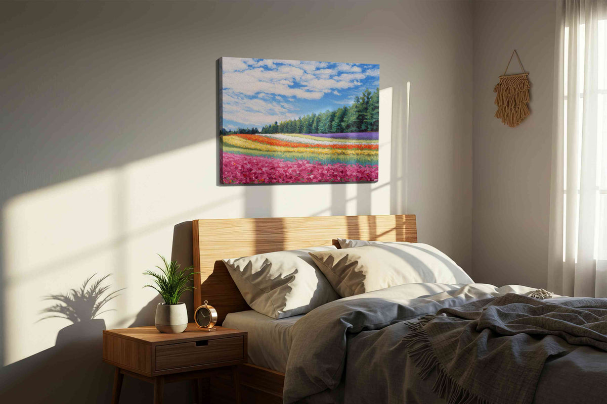 Harmony of Blooms landscape canvas print, displayed in a bedroom
