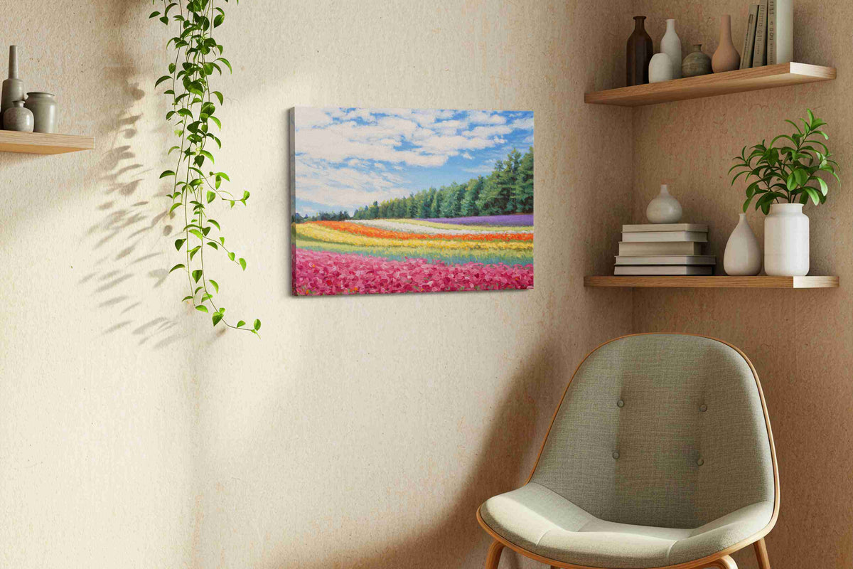 Harmony of Blooms landscape canvas print, displayed in a living room