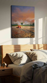 Harvest Dreams at Dusk landscape canvas print, displayed in a bedroom