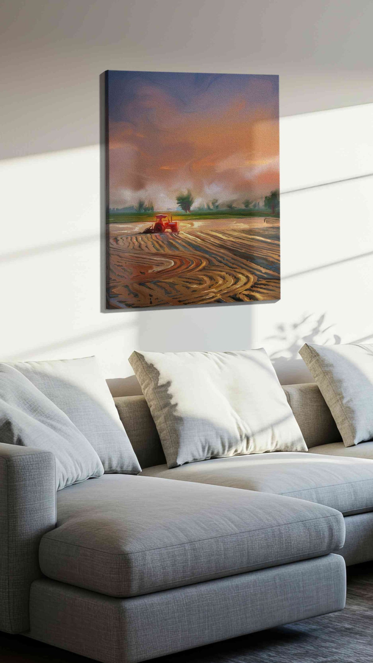Harvest Dreams at Dusk landscape canvas print, displayed in a living room