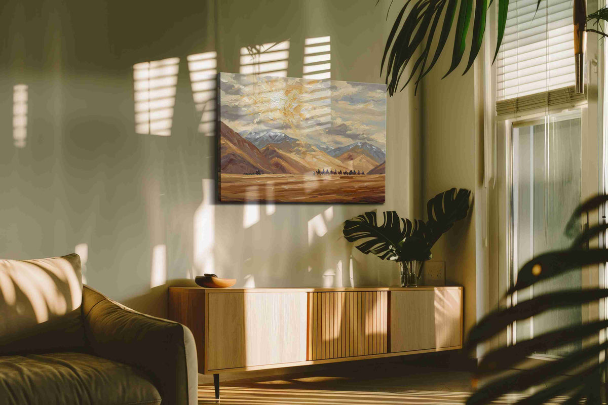 Journey Through the Golden Peaks landscape canvas print, displayed in a living room