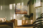 Journey Through the Golden Peaks landscape canvas print, displayed in a living room