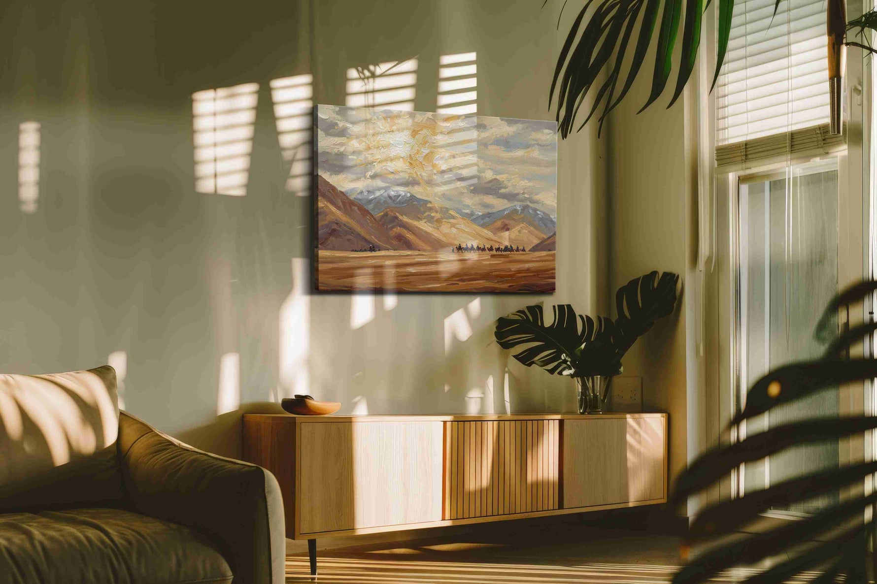 Journey Through the Golden Peaks landscape canvas print, displayed in a living room
