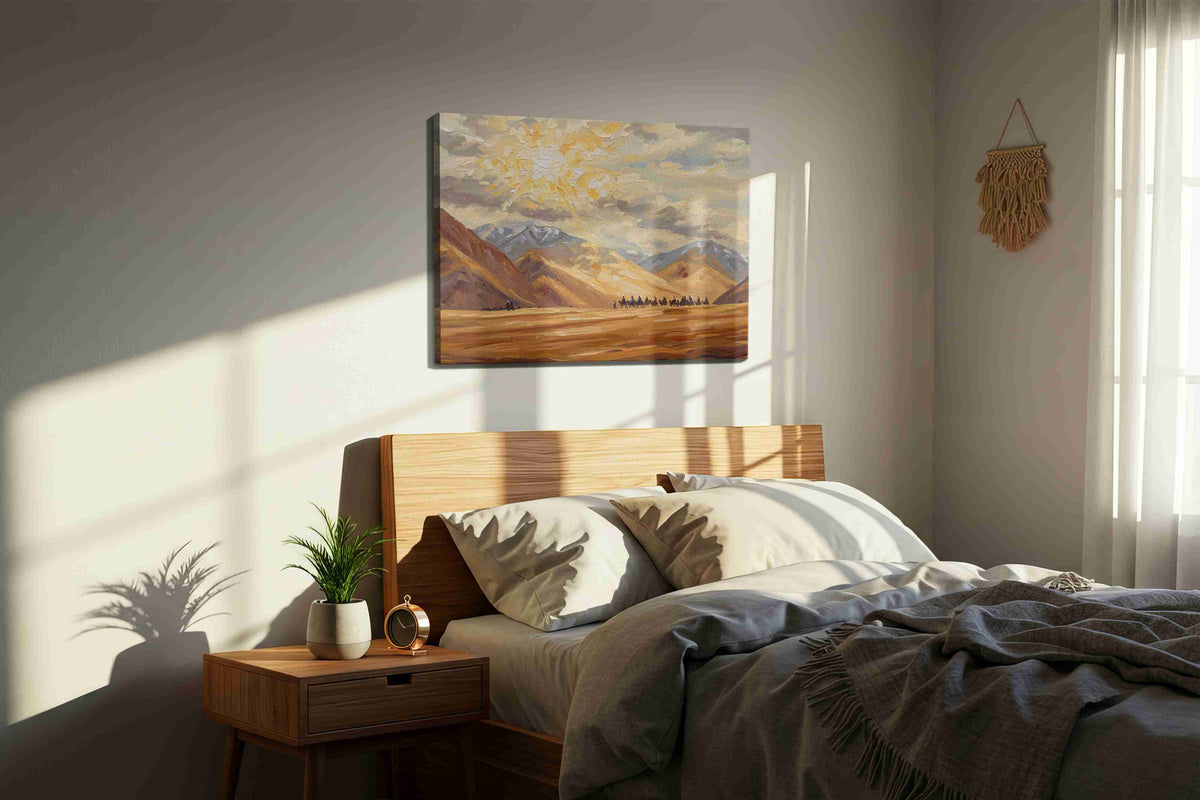 Journey Through the Golden Peaks landscape canvas print, displayed in a bedroom