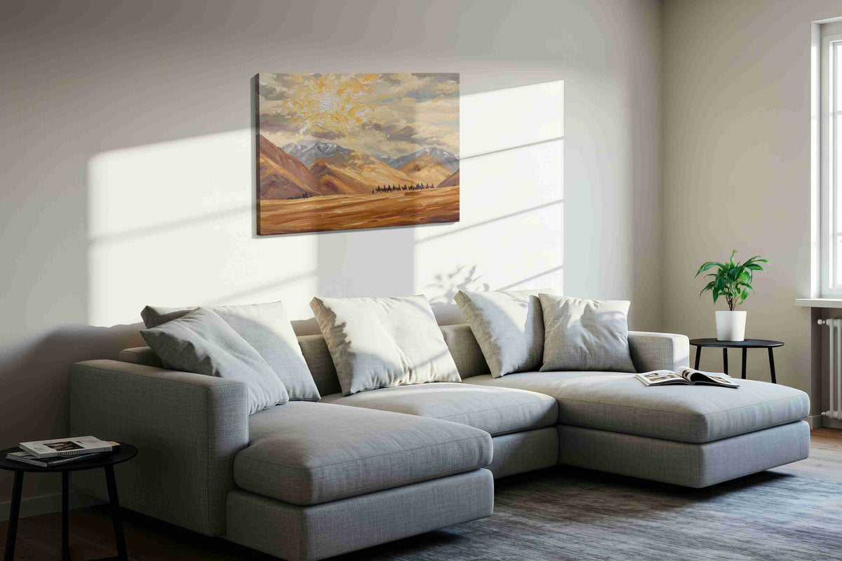 Journey Through the Golden Peaks landscape canvas print, gallery-wrapped, ready to hang — view 2