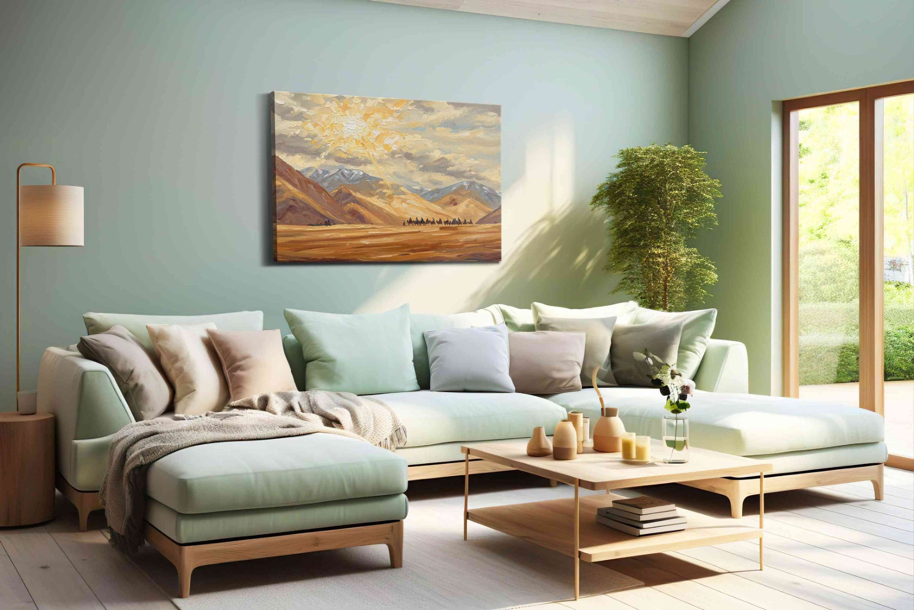 Journey Through the Golden Peaks landscape canvas print shown in a wall scene