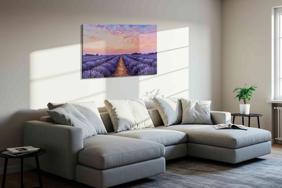 Lavender Horizon Bliss landscape canvas print in a living room scene