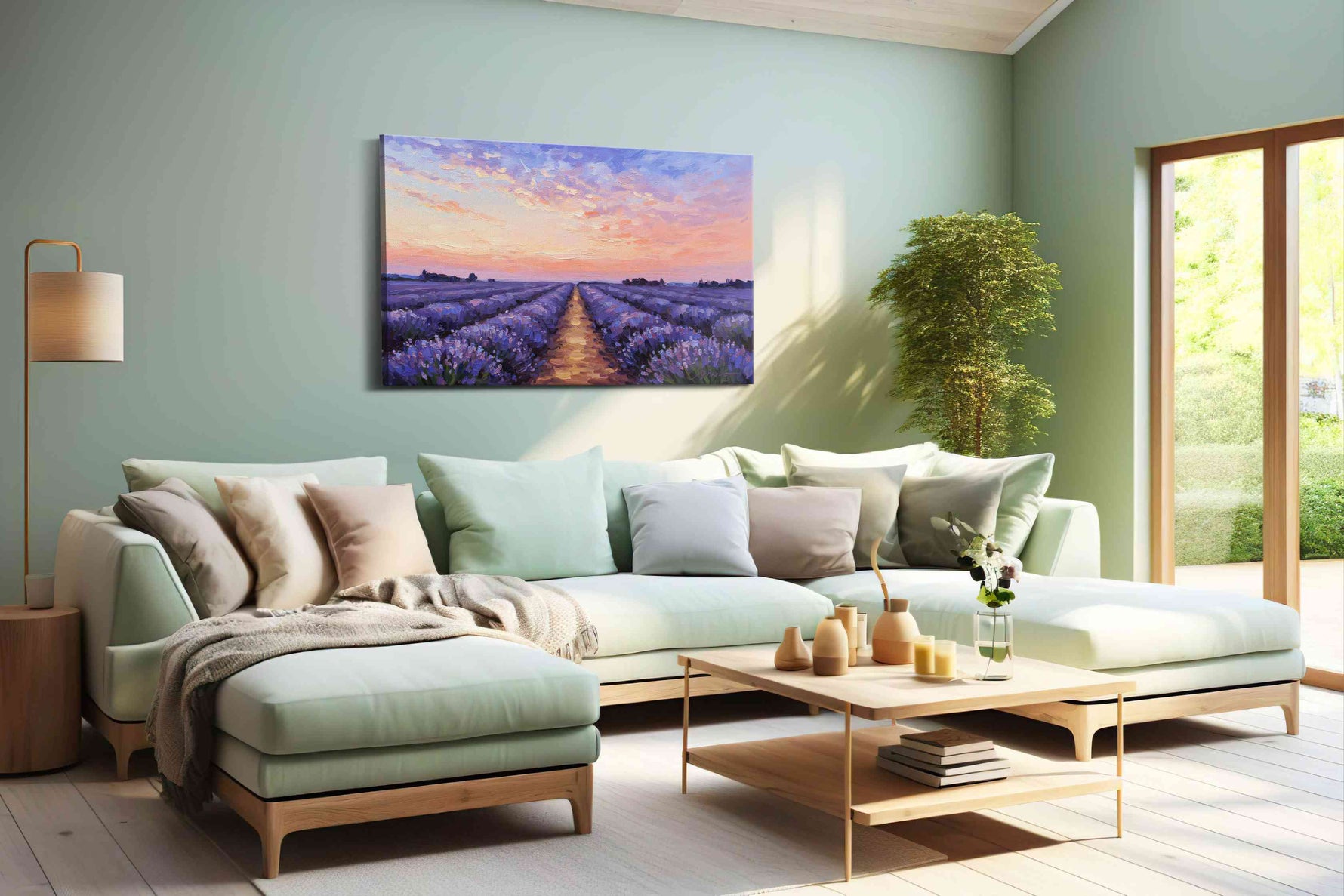 Lavender Horizon Bliss landscape canvas print, hanging on wall