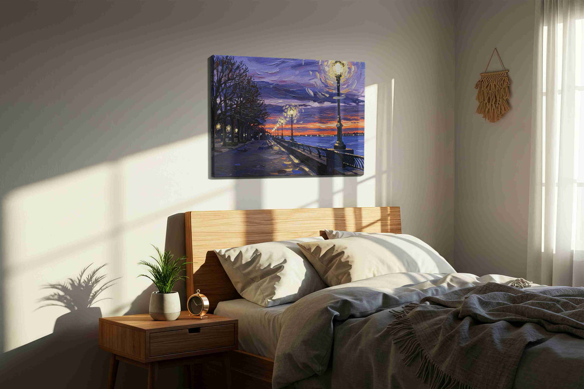 Luminous Twilight Serenity landscape canvas print, displayed in a bedroom