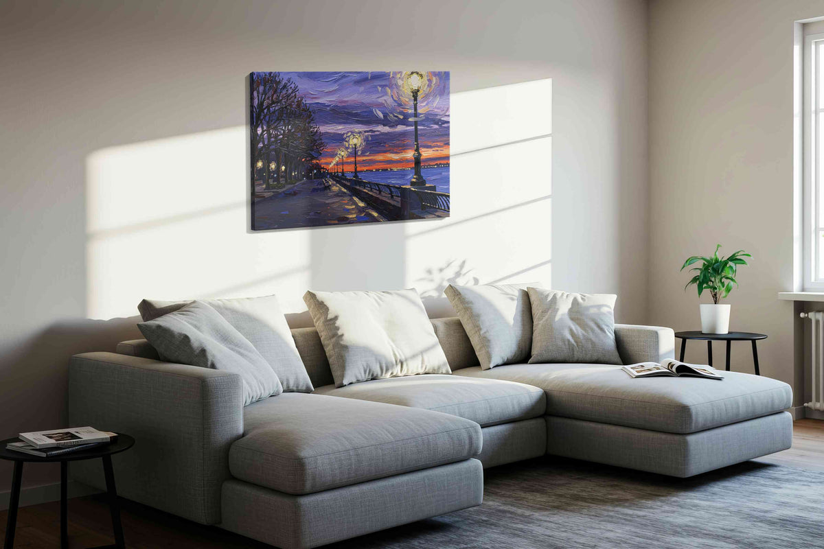 Luminous Twilight Serenity landscape canvas print, displayed in a living room
