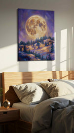 Lunar Glow Over Pines landscape canvas print, displayed in a bedroom