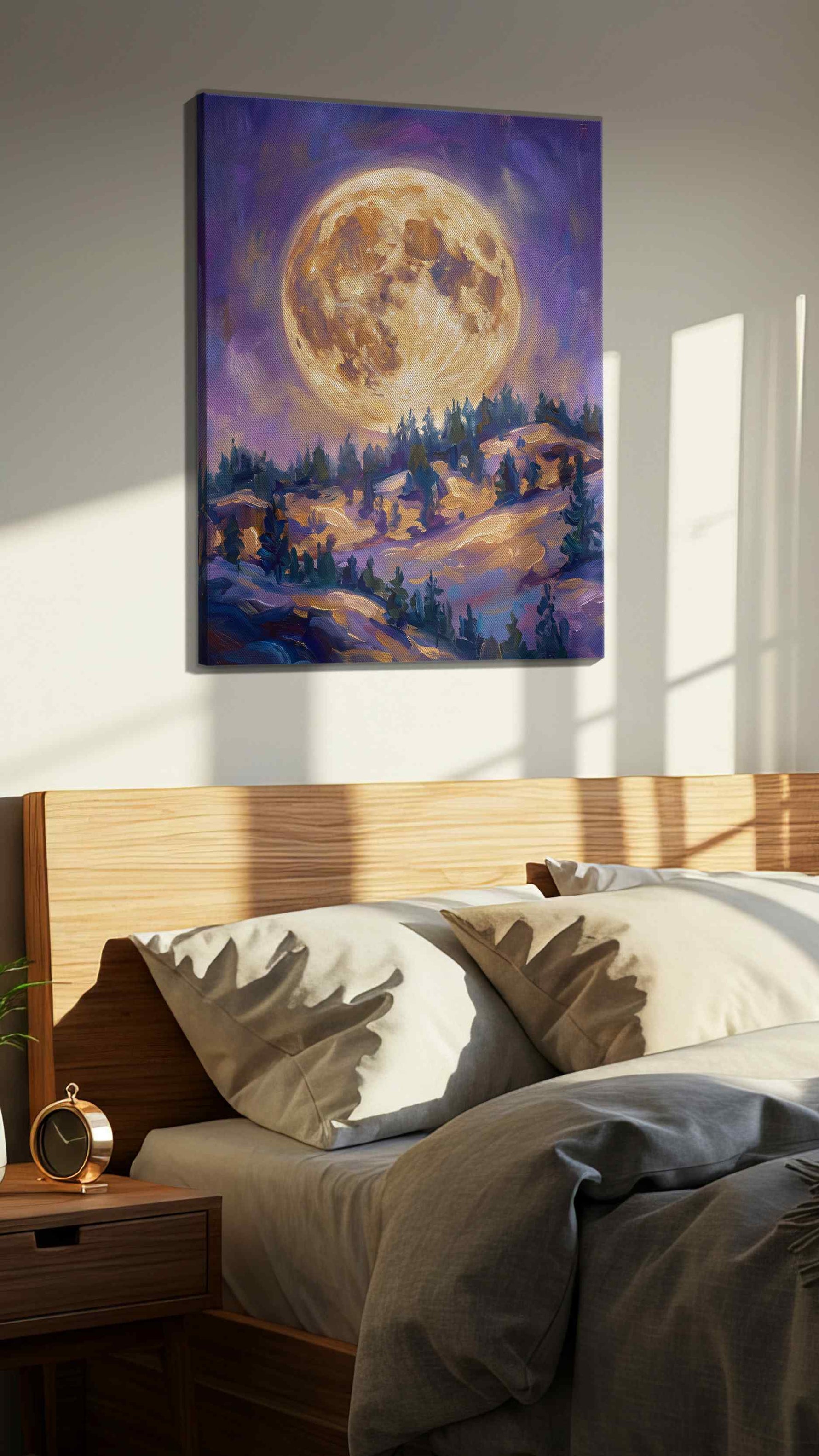 Lunar Glow Over Pines landscape canvas print, displayed in a bedroom