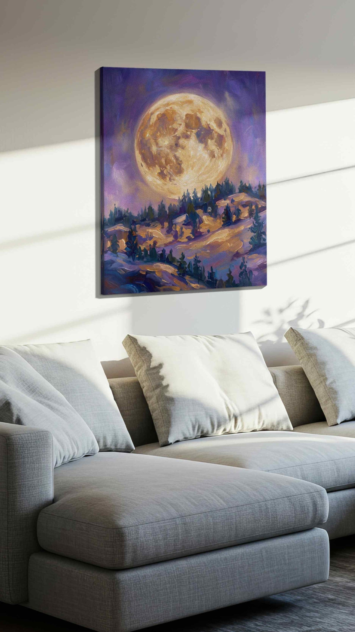Lunar Glow Over Pines landscape canvas print, displayed in a living room