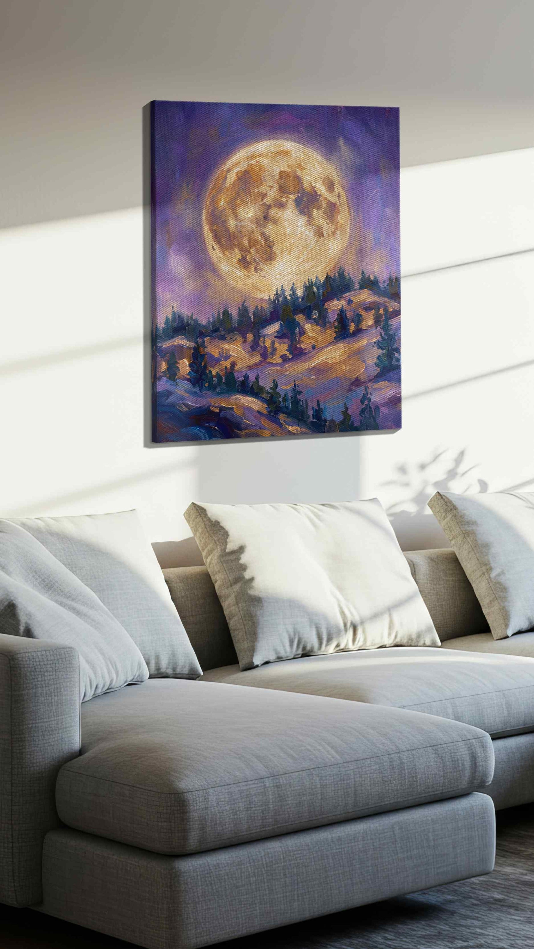 Lunar Glow Over Pines landscape canvas print, displayed in a living room
