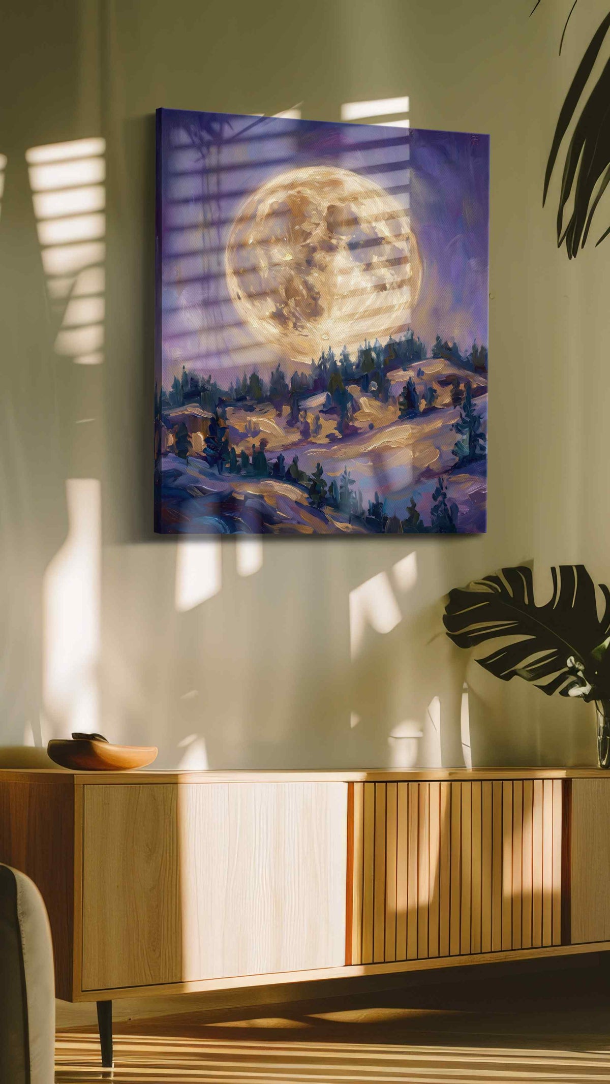 Lunar Glow Over Pines landscape canvas print, on wall, lifestyle preview